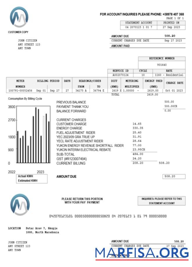 Downloadable Macedonia MGI Energetika utility bill Word and PDF template